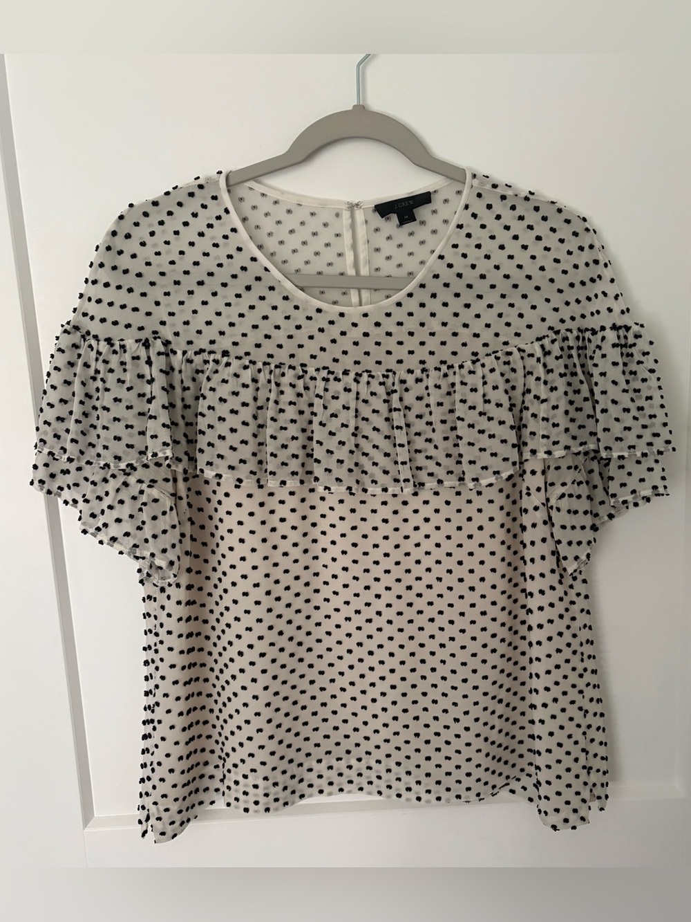 J. Crew Cream Blouse with Black Polka Dots and Ruffle Yoke